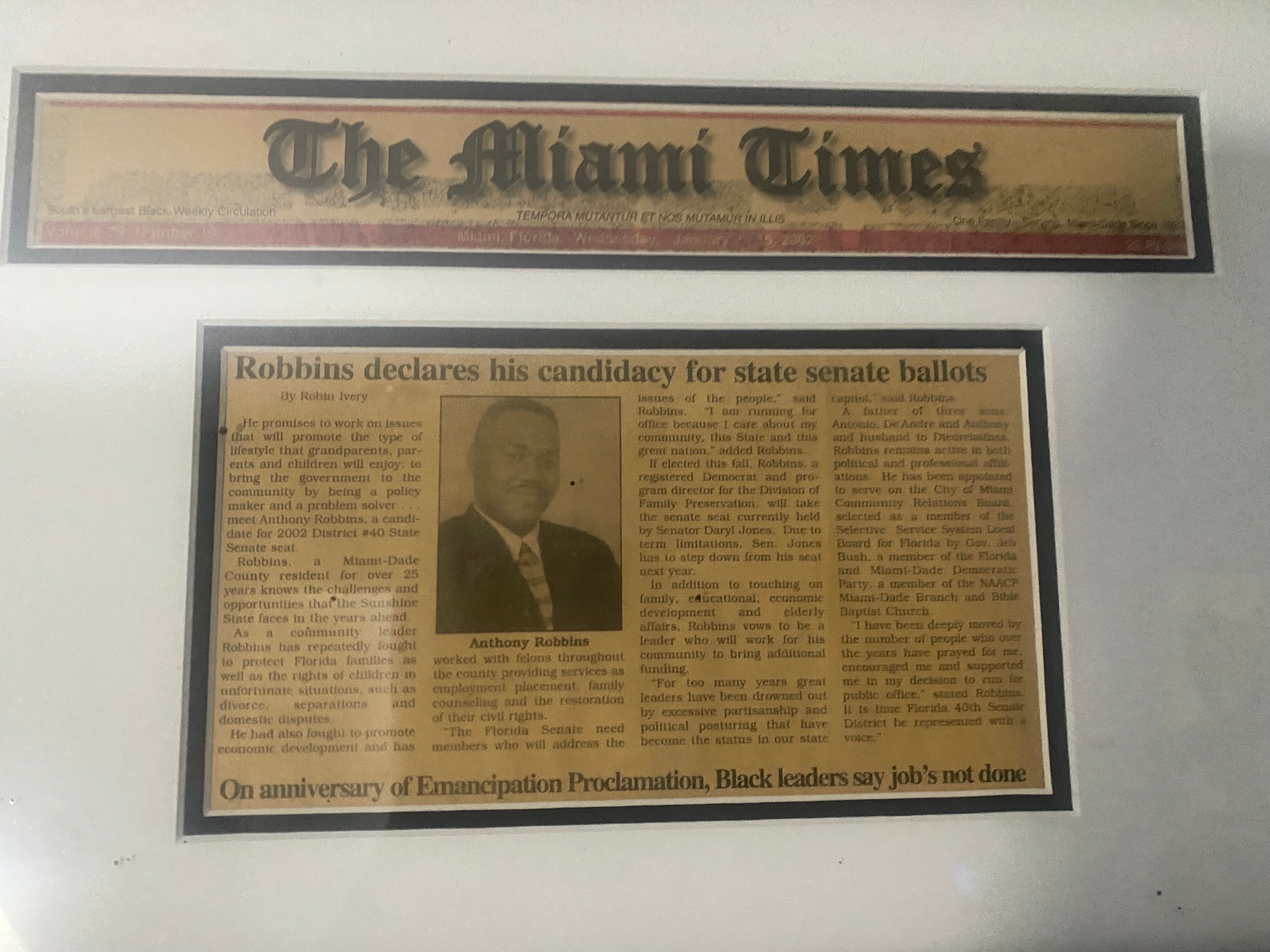Framed Miami Times front page — Robbins declares candidacy for State Senate, January 2002