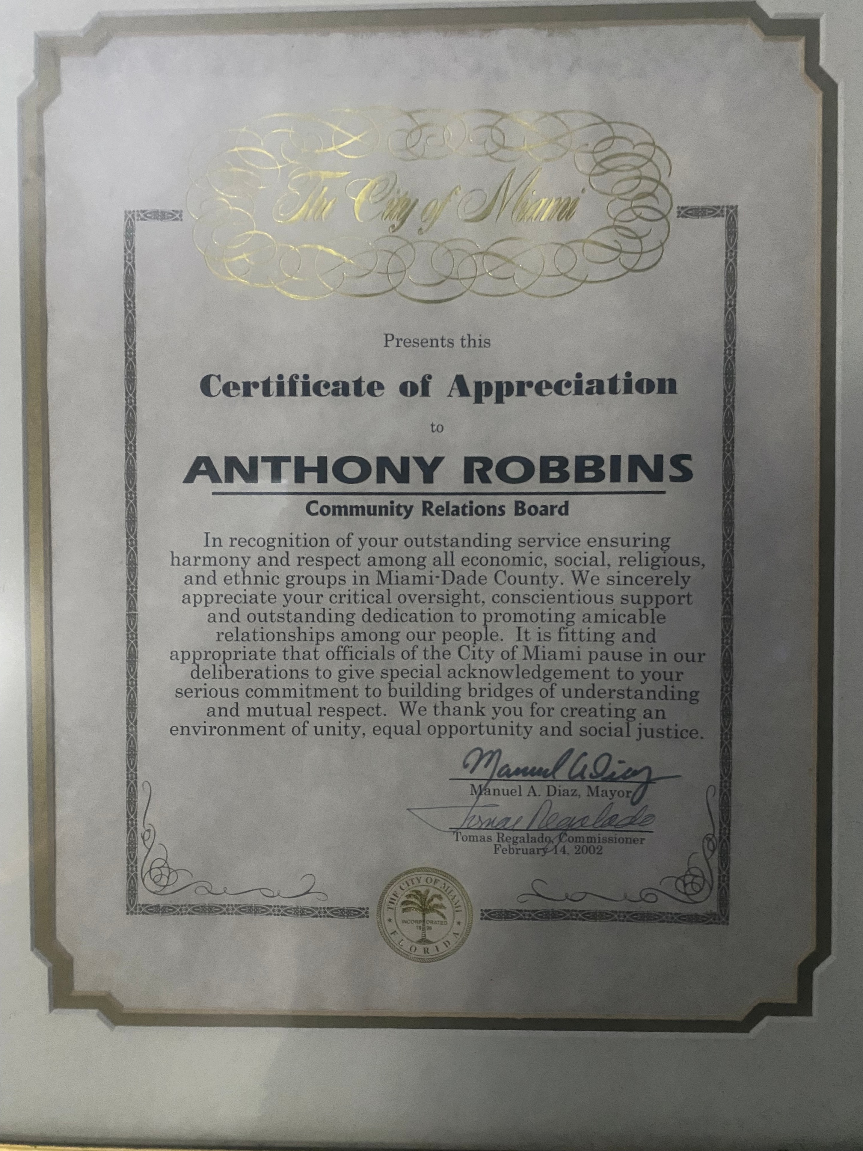Certificate of Appreciation — City of Miami Community Relations Board, 2002