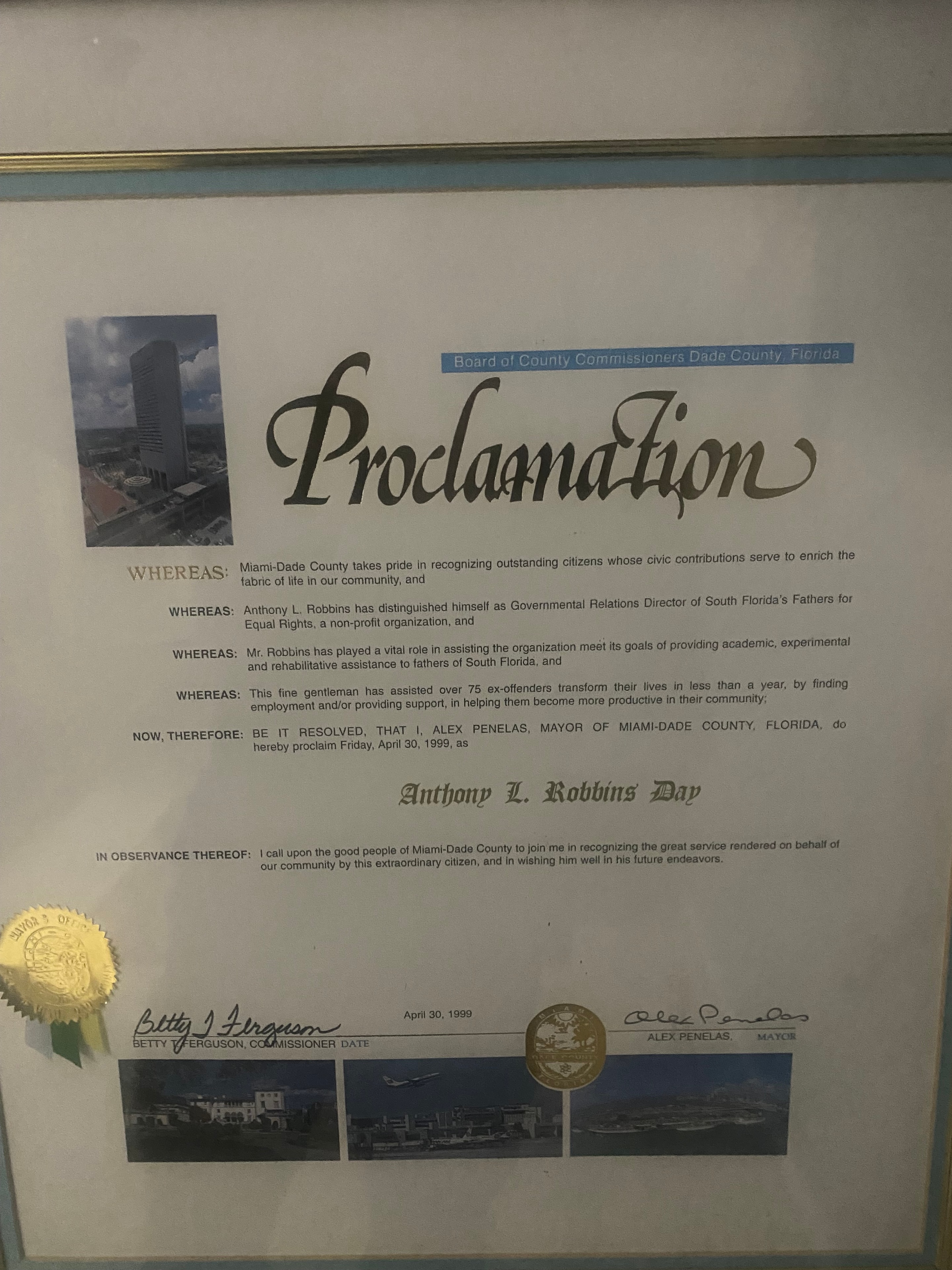 Miami-Dade County Proclamation — Anthony L. Robbins Day, April 30, 1999